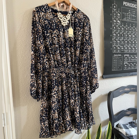 NWT Jodifl dress 2X plus size navy print lined long sheer sleeved elasti… - Picture 2 of 7